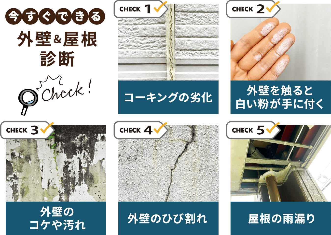 今すぐできる外壁&屋根診断Check!CHECK1コーキングの劣化CHECK2外壁を触ると白い粉が手に付くCHECK3外壁のコケや汚れCHECK4外壁のひび割れCHECK5屋根の雨漏り